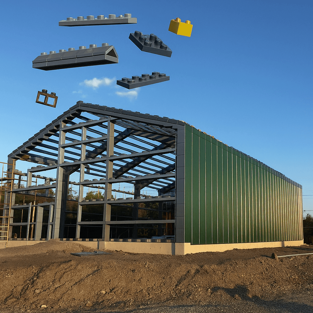 Pre-engineered steel building under construction by Tower Steel Buildings in Canada, showcasing durable steel frame and fast assembly process.