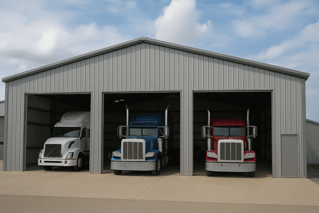 Pre-engineered truck garage building kit with wide clear-span interior