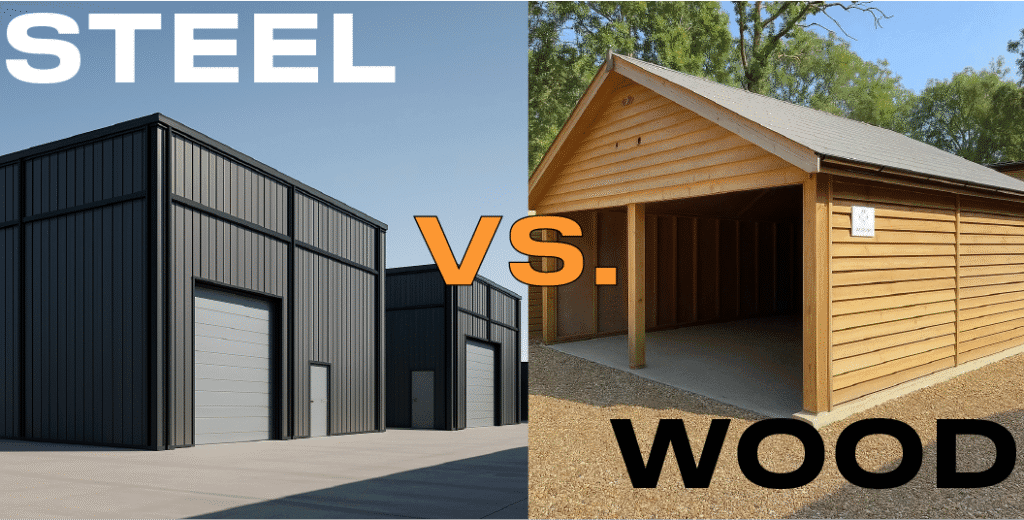 Side-by-side comparison of steel building construction and wood frame construction, highlighting durability, strength, and maintenance differences.