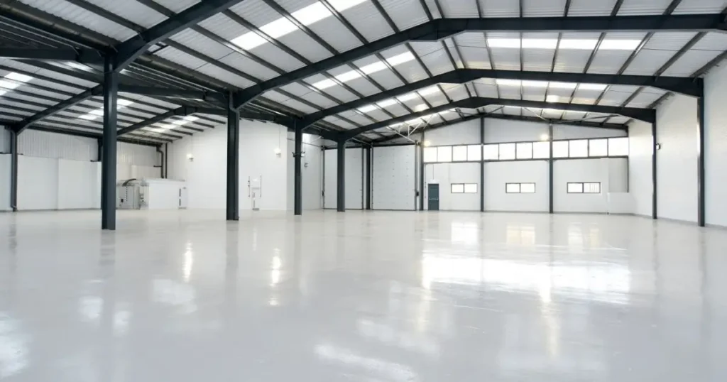 Spacious custom steel building interior in Ontario designed by Tower Steel Buildings with insulated walls and modern finishes