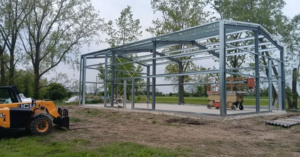 Steel building frame under construction in Ontario by Tower Steel Buildings representing cost-efficient and durable prefab design
