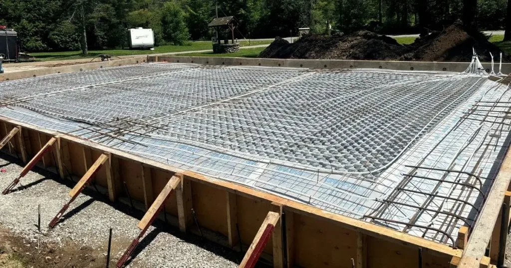 Concrete foundation with rebar and in-floor heating system prepared for a steel building in Ontario