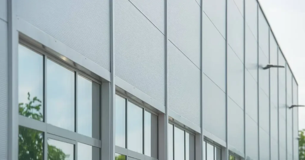 Modern custom metal building in Ontario with reflective windows and sleek silver wall panels