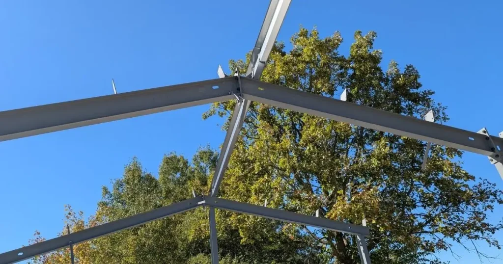 Close-up of precision-engineered steel framing by Tower Steel Buildings in Ontario showing superior craftsmanship and alignment