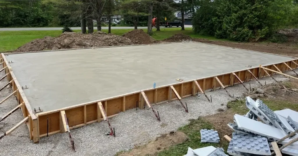 Freshly poured concrete foundation with wood formwork for an engineered steel building in Ontario