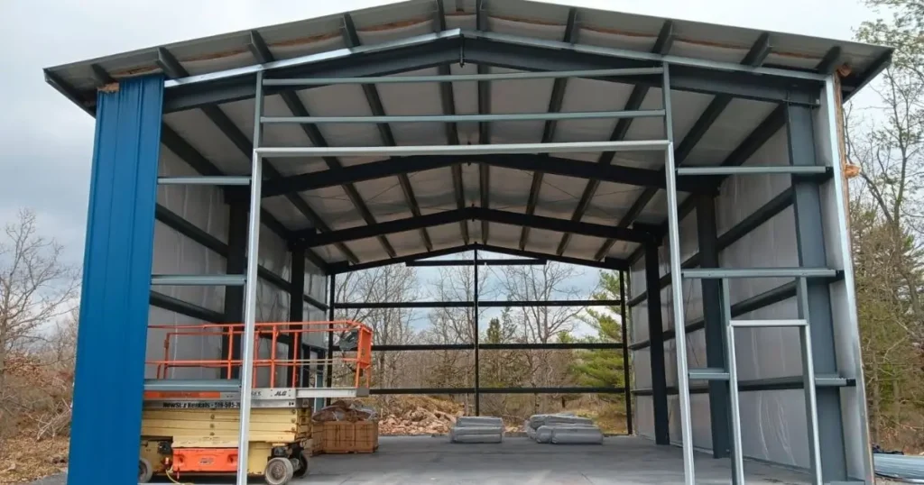 Partially completed steel building in Ontario with blue wall panels and grey steel frame structure on gravel site