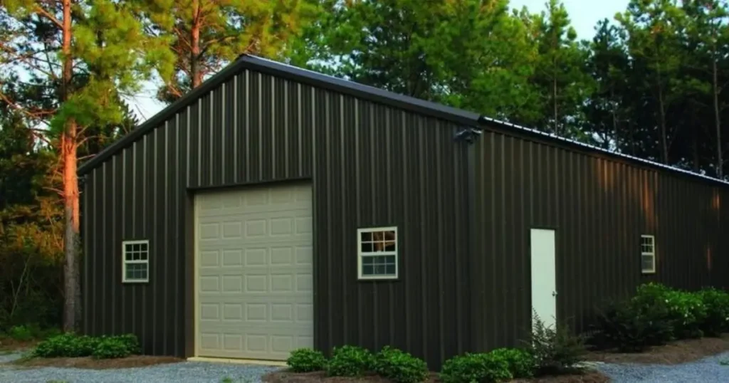 Modern dark brown steel garage with beige doors surrounded by trees in Ontario built by Tower Steel Buildings showing affordable quality
