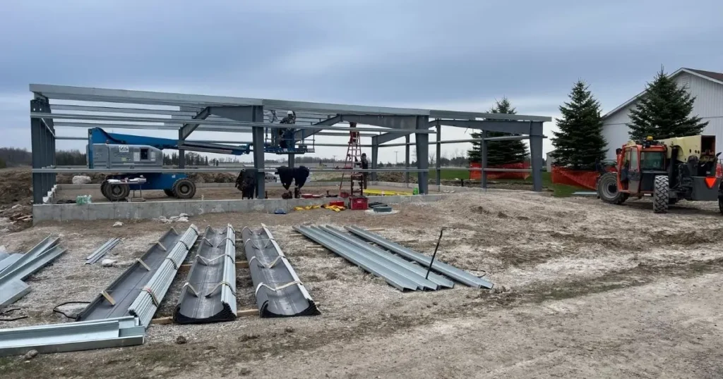 Tower Steel Buildings prefab structure being assembled in Ontario showing faster construction than traditional methods