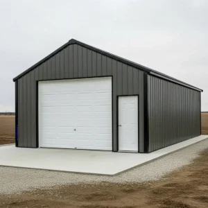 20x30x10 prefab steel garage kit with vertical metal siding, roll-up garage door, side entry door, installed on concrete slab foundation