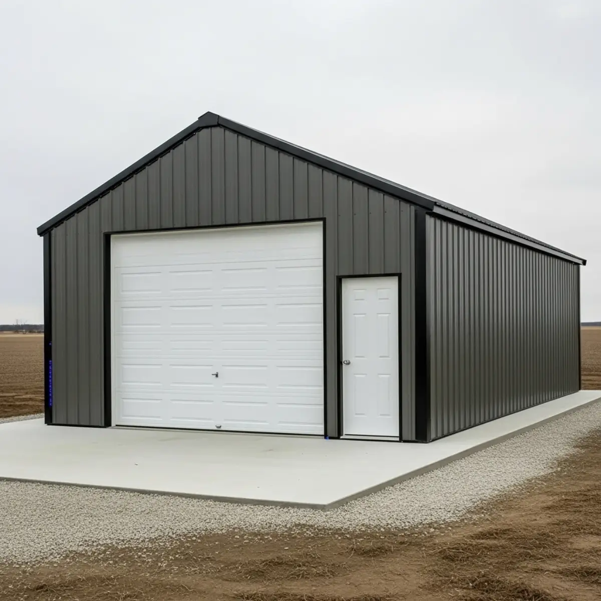 20x30x10 prefab steel garage kit with vertical metal siding, roll-up garage door, side entry door, installed on concrete slab foundation