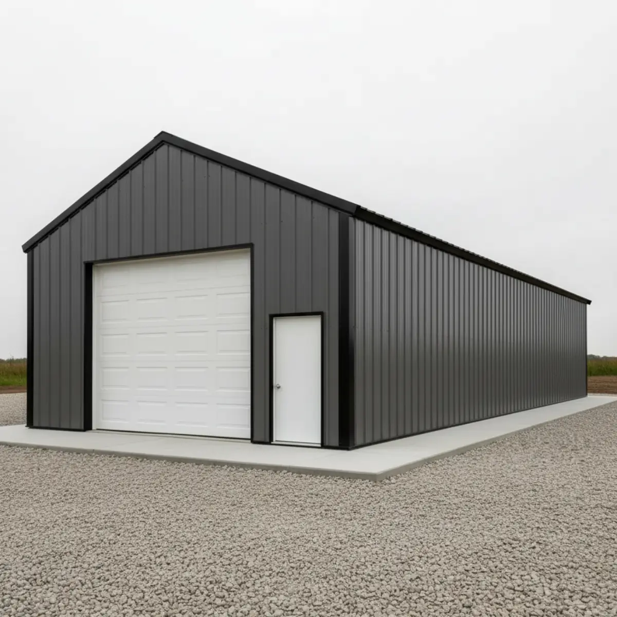 36x50x10 heavy duty steel garage building with vertical metal panels, large roll-up garage door and side access door on concrete slab
