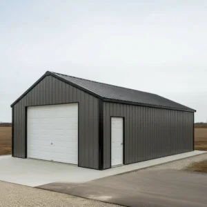 40x60x10 large clear span steel garage building with overhead door and side entry door installed on concrete slab foundation