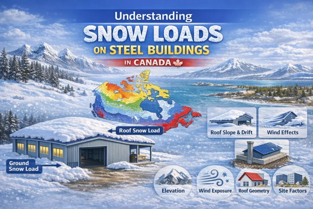 Steel building snow load zones in Canada showing ground snow load, roof snow load, wind exposure, roof geometry, and site-specific design factors.