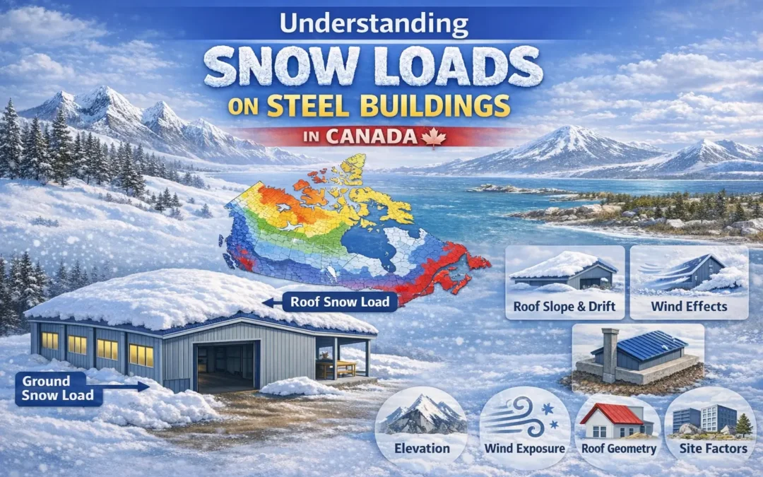 Steel building snow load zones in Canada showing ground snow load, roof snow load, wind exposure, roof geometry, and site-specific design factors.