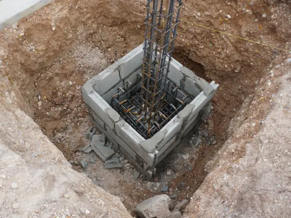 Steel building foundation with engineered anchor bolts and reinforced concrete footing designed for Ontario conditions