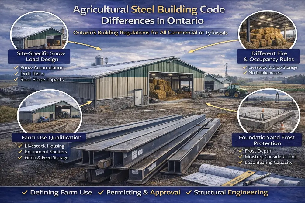 Agricultural steel building code differences in Ontario showing snow load design, fire occupancy rules, foundation frost protection, and farm use qualification