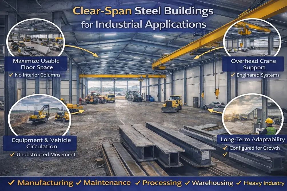 Clear span steel building interior with overhead crane system, open floor space, and heavy equipment for industrial operations in Canada