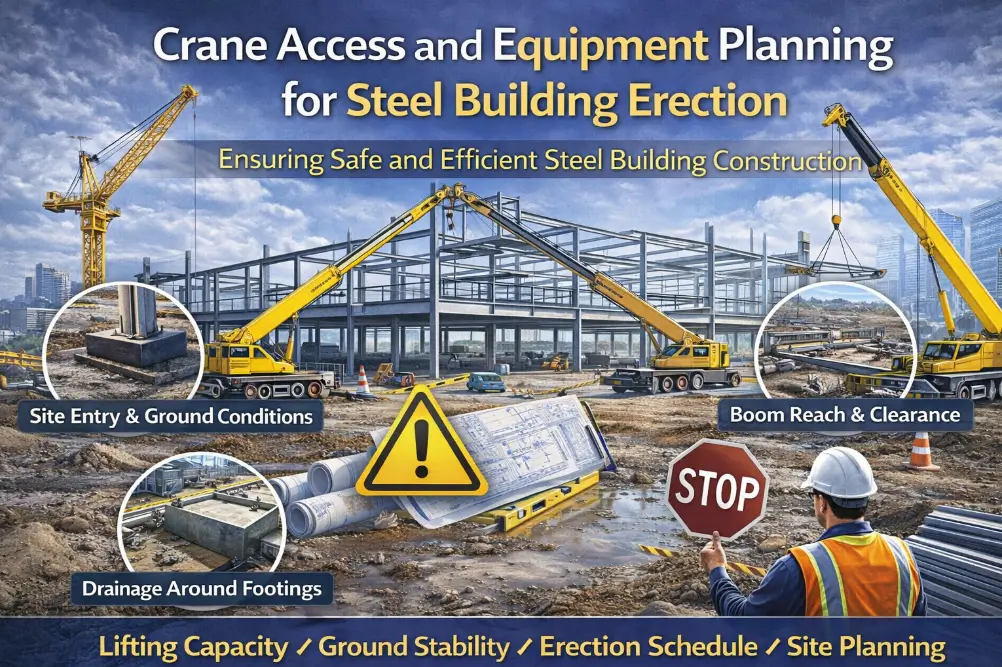Crane access and equipment planning for steel building erection, showing mobile cranes lifting structural frames on a prepared site with stable ground conditions in Canada