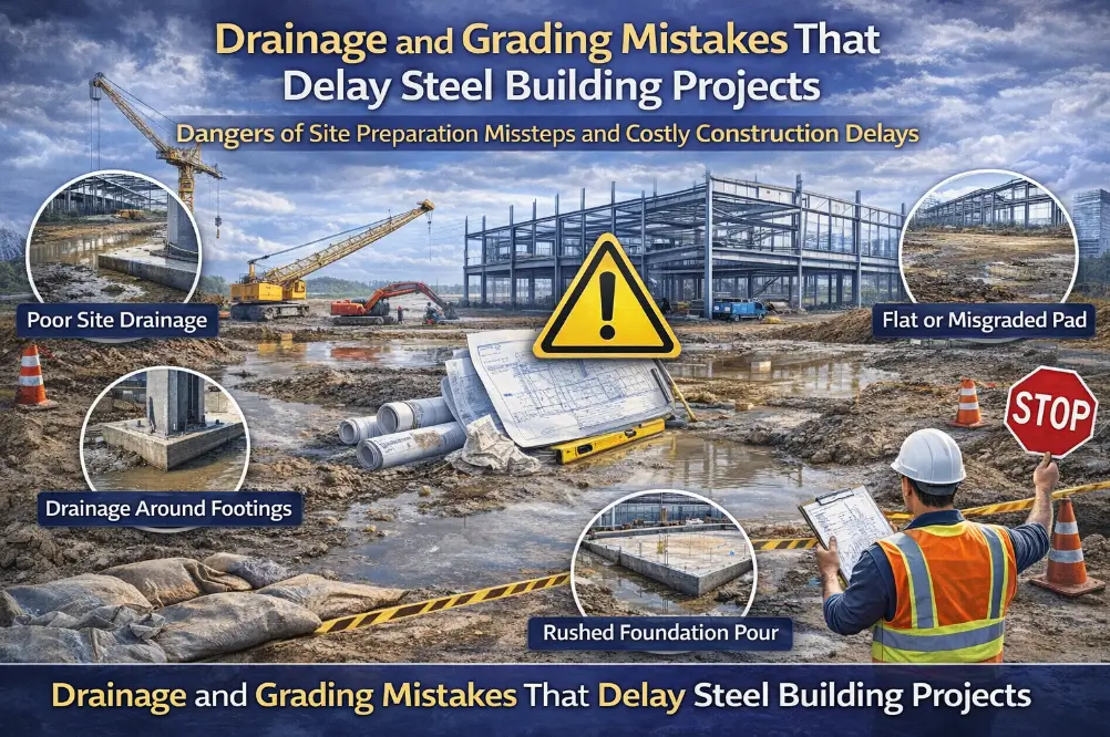 Drainage and grading failures at a steel building construction site showing standing water, misgraded pad, and foundation work delays in Canada