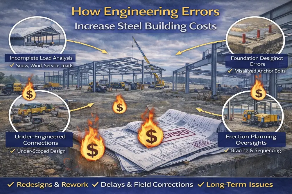 Engineering errors increase steel building costs through foundation design mistakes, under engineered connections, incomplete load analysis, and erection planning oversights