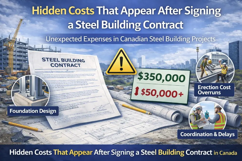 Illustration showing hidden costs after signing a steel building contract in Canada including foundation design gaps, erection overruns, and coordination delays