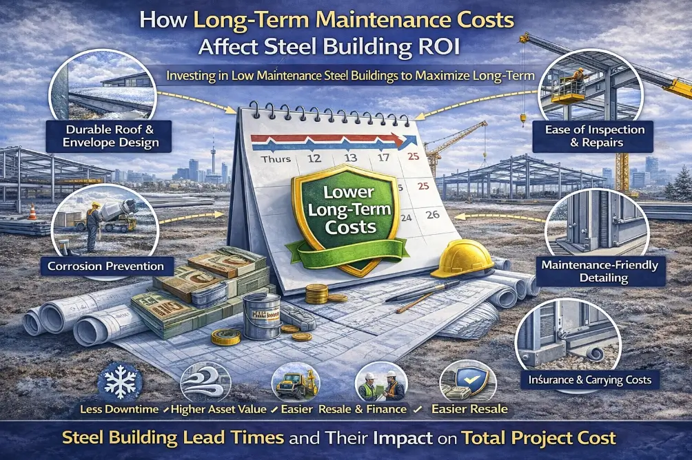 Steel building project illustrating how long-term maintenance decisions affect lifecycle cost, inspection requirements, and return on investment in Canada
