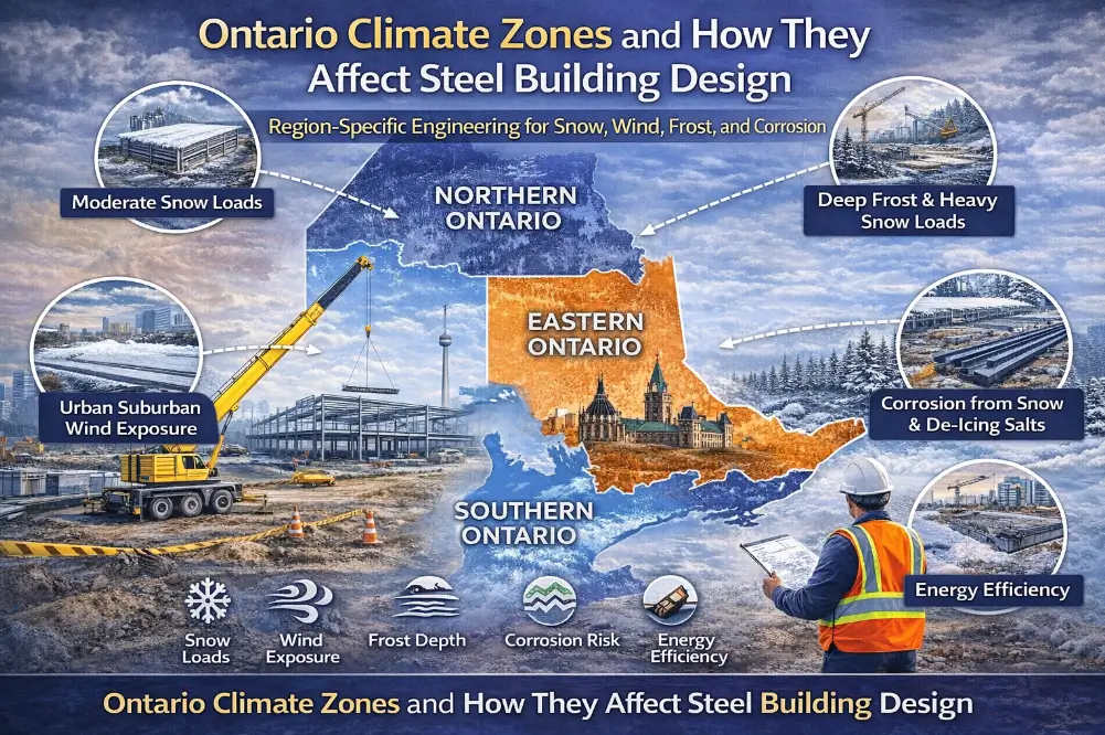 Ontario climate zones showing how snow loads, wind exposure, frost depth, corrosion risk, and energy efficiency influence steel building design across the province