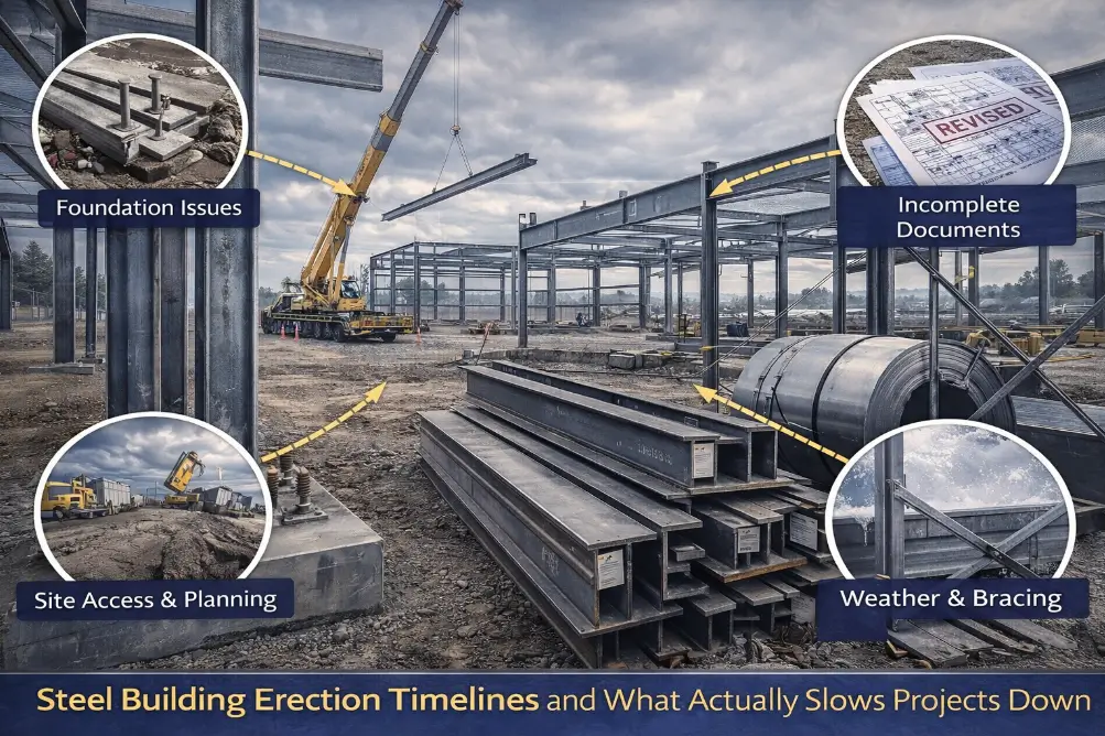 Steel building erection timelines showing foundation issues, crane access planning, incomplete drawings, and weather bracing delays on a Canadian construction site