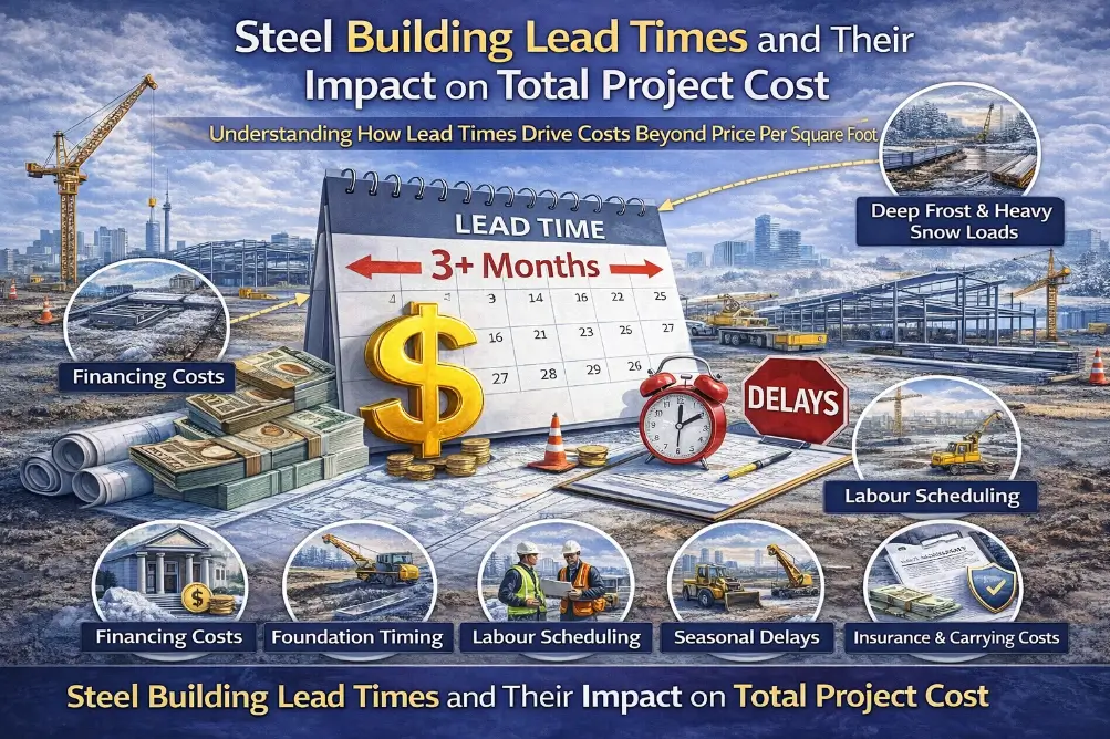 Steel building project illustrating extended lead times affecting financing, foundation timing, labour scheduling, seasonal delays, and total construction cost in Canada