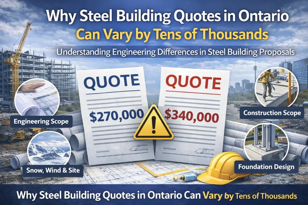 Comparison of steel building quotes in Ontario showing how engineering scope and design assumptions can change pricing by tens of thousands