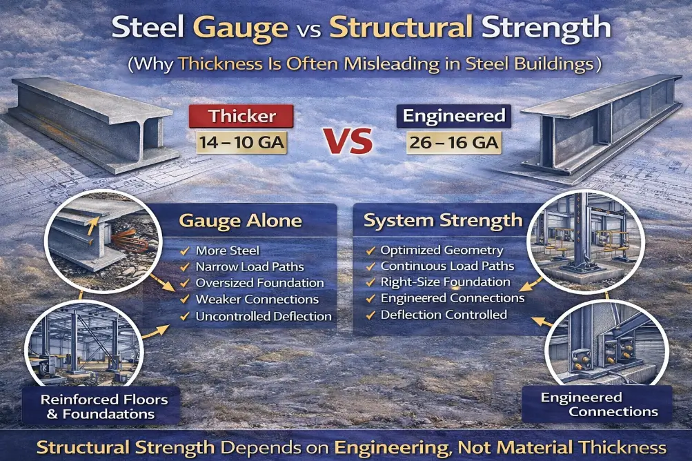 Comparison of thick steel members versus engineered steel framing showing how structural strength depends on geometry, load paths, and engineered connections rather than steel gauge in Canada