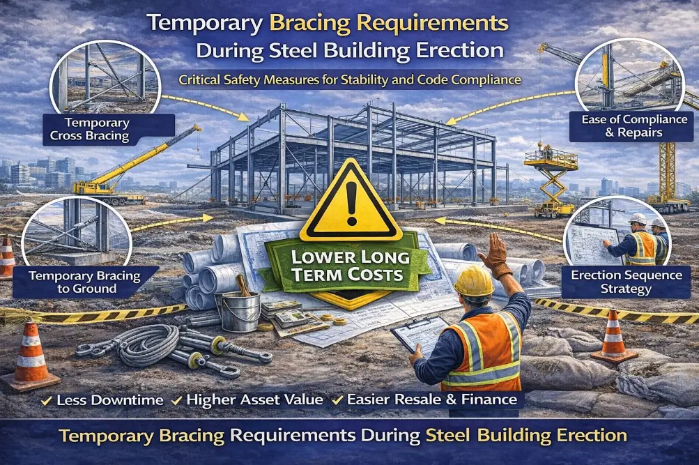 Temporary bracing installed during steel building erection to maintain frame stability and safety before permanent bracing systems are complete.