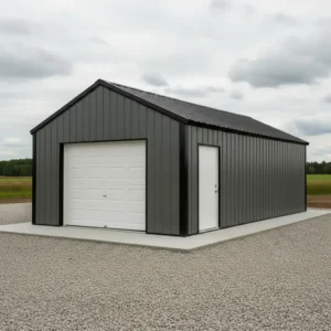 3/4 front elevation architectural rendering of 20x30x12 prefabricated multi-use steel garage with charcoal ribbed steel panels gable roof and white overhead door