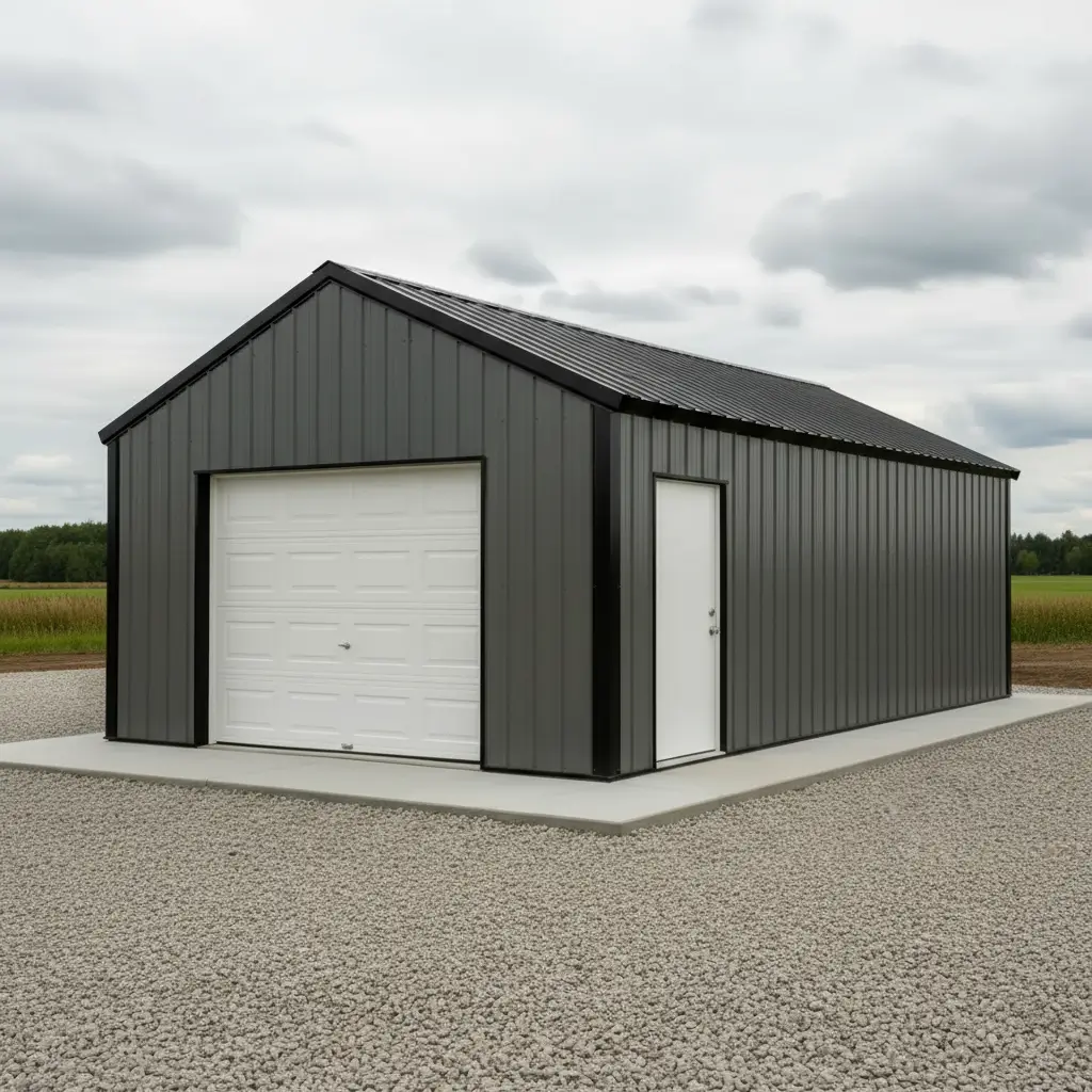 3/4 front elevation architectural rendering of 20x30x12 prefabricated multi-use steel garage with charcoal ribbed steel panels gable roof and white overhead door