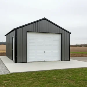 Front elevation site-installed 24x24x10 prefabricated residential steel garage with charcoal steel siding gable roof and white double overhead garage door on concrete slab