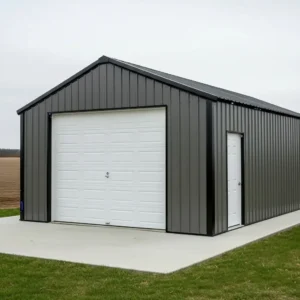 3/4 perspective architectural visualization of 24x26x10 prefabricated clear-span single car steel garage with charcoal ribbed steel siding gable roof and white overhead door