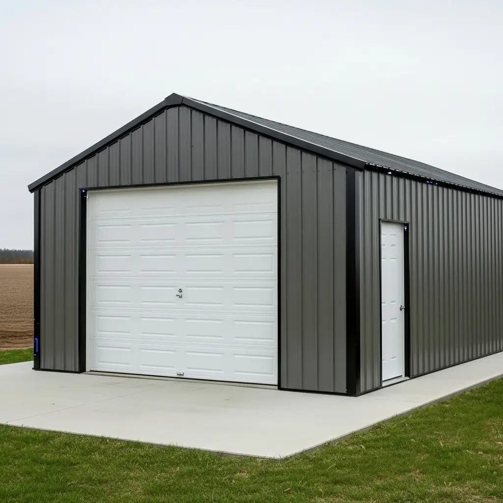 3/4 perspective architectural visualization of 24x26x10 prefabricated clear-span single car steel garage with charcoal ribbed steel siding gable roof and white overhead door