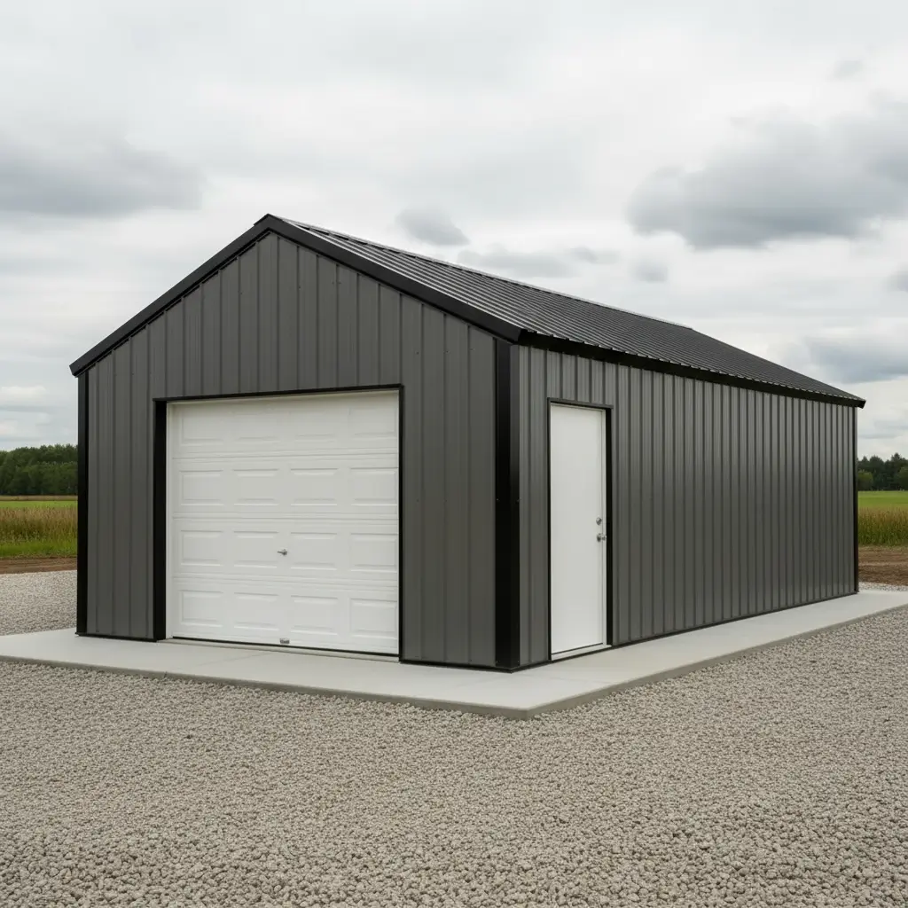 Front elevation site-installed 25x25x12 prefabricated clear-span small steel storage garage with charcoal vertical metal siding gable roof and white overhead door