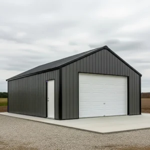 Front elevation architectural visualization of 30x40x12 prefabricated clear-span metal garage with charcoal vertical ribbed steel siding gable roof and white overhead door installed on concrete slab in Canadian rural environment
