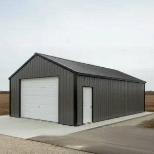 3/4 perspective architectural rendering of 30x40x14 prefabricated clear-span steel garage workshop with charcoal steel siding gable roof and white overhead door on concrete foundation
