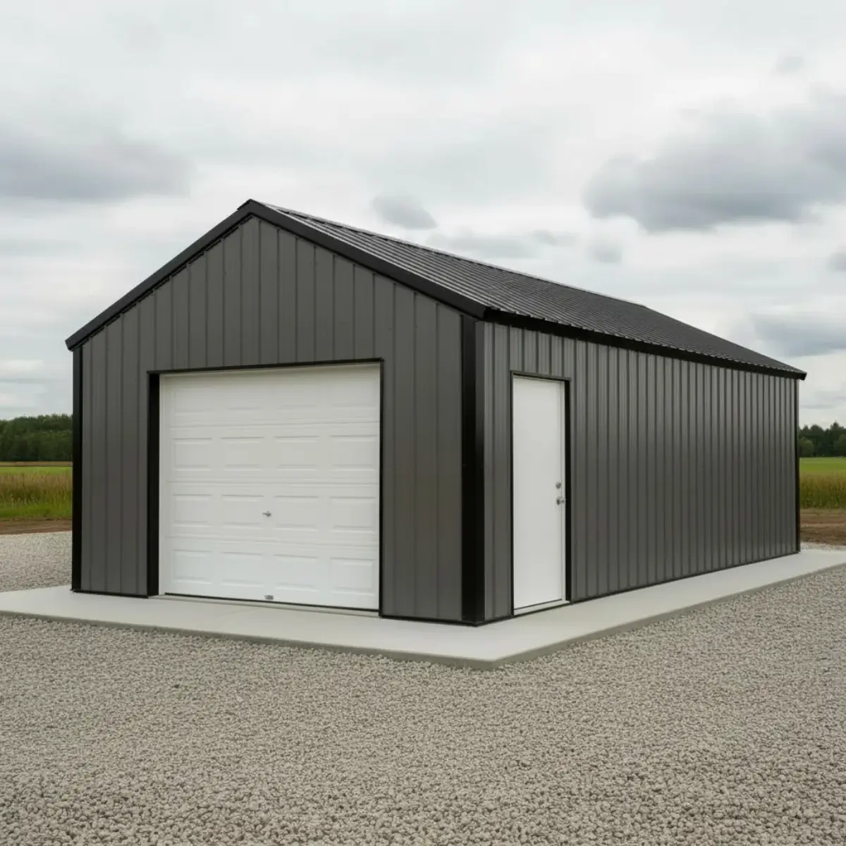 Front 3/4 perspective site-installed 30x40x16 heavy duty prefabricated clear-span steel garage with charcoal ribbed steel panels gable roof and white sectional overhead door