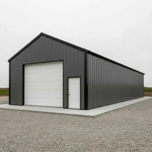 Front elevation architectural visualization of 30x40x18 prefabricated high clearance steel building with charcoal vertical steel siding tall sidewalls gable roof and white overhead door