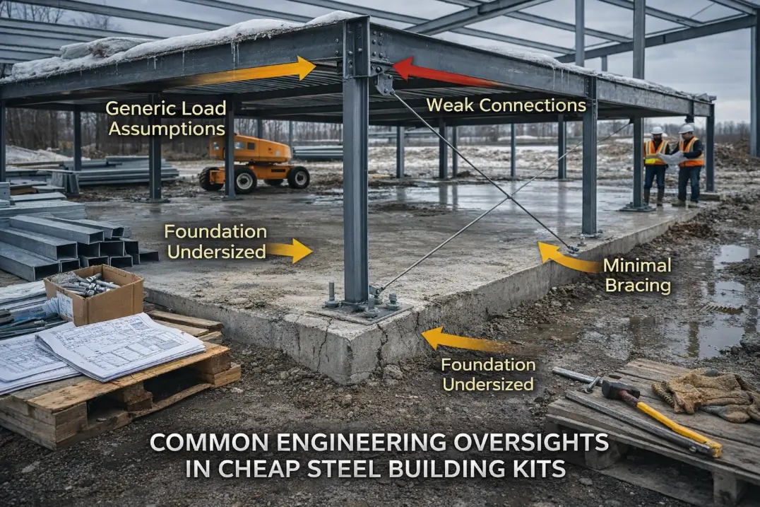 steel building frame showing structural engineering problems including weak connections undersized foundation and minimal bracing