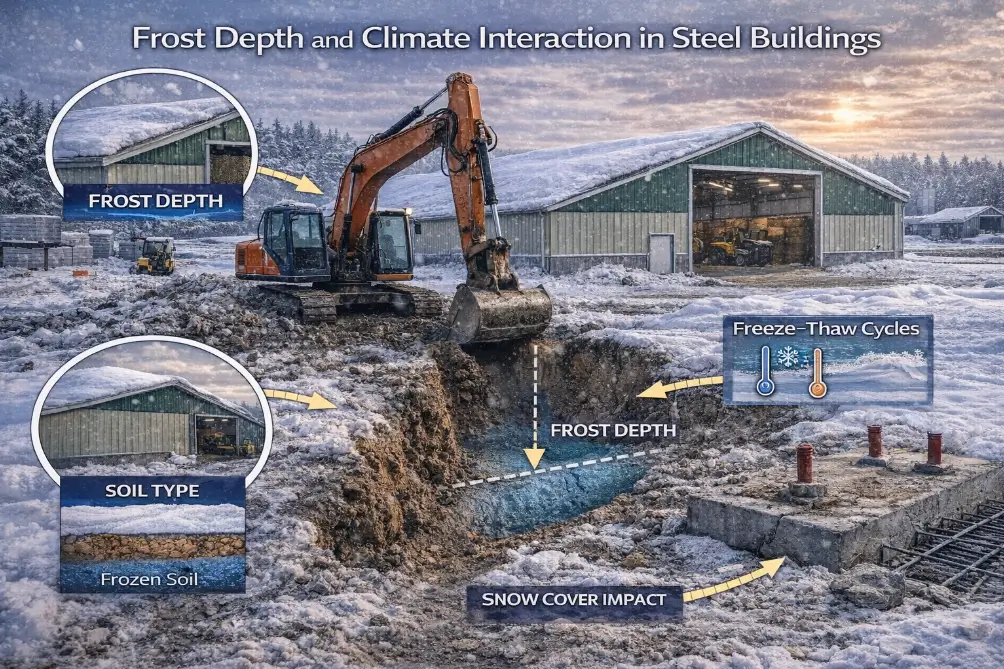 Steel building foundation excavation showing frost depth and frozen soil conditions in a Canadian winter climate