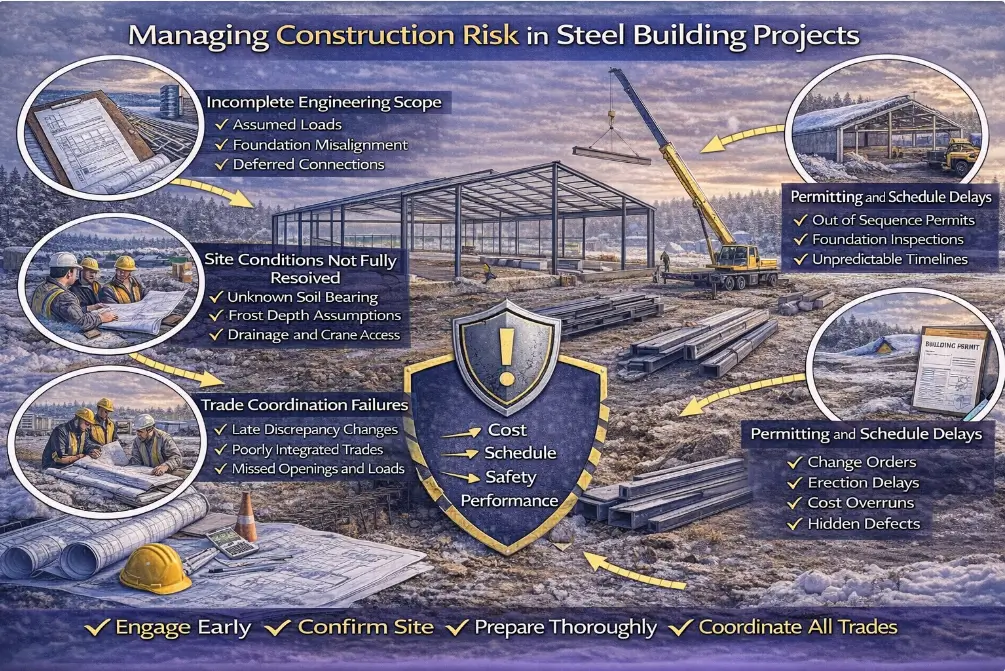Managing construction risk in steel building projects including engineering scope site conditions and permitting delays in Canada