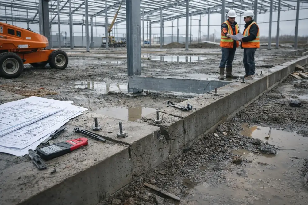 Construction team reviewing steel building plans and site conditions to prevent on-site errors that increase project costs