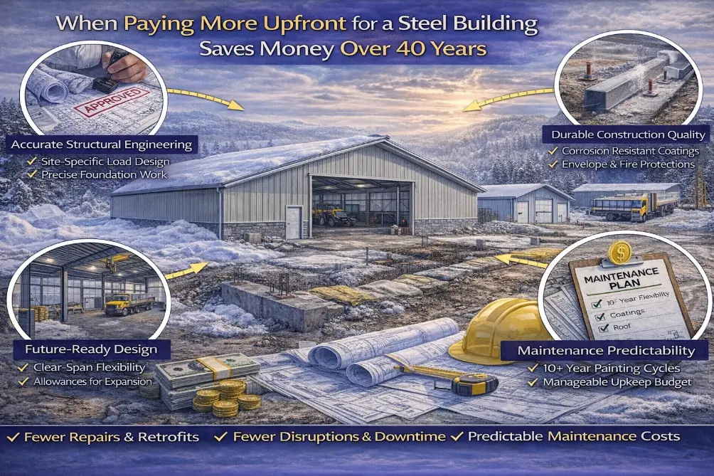 Steel building designed for long term cost savings through accurate engineering, durable foundations, and predictable maintenance