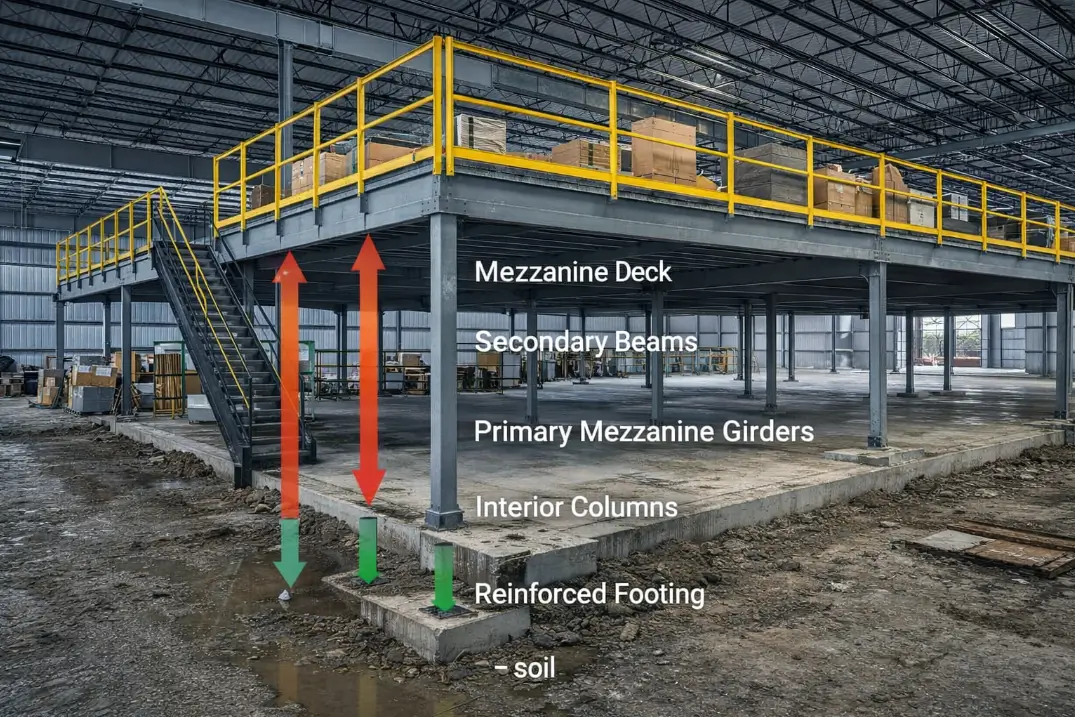 engineers reviewing steel building mezzanine structural load design drawings on construction site