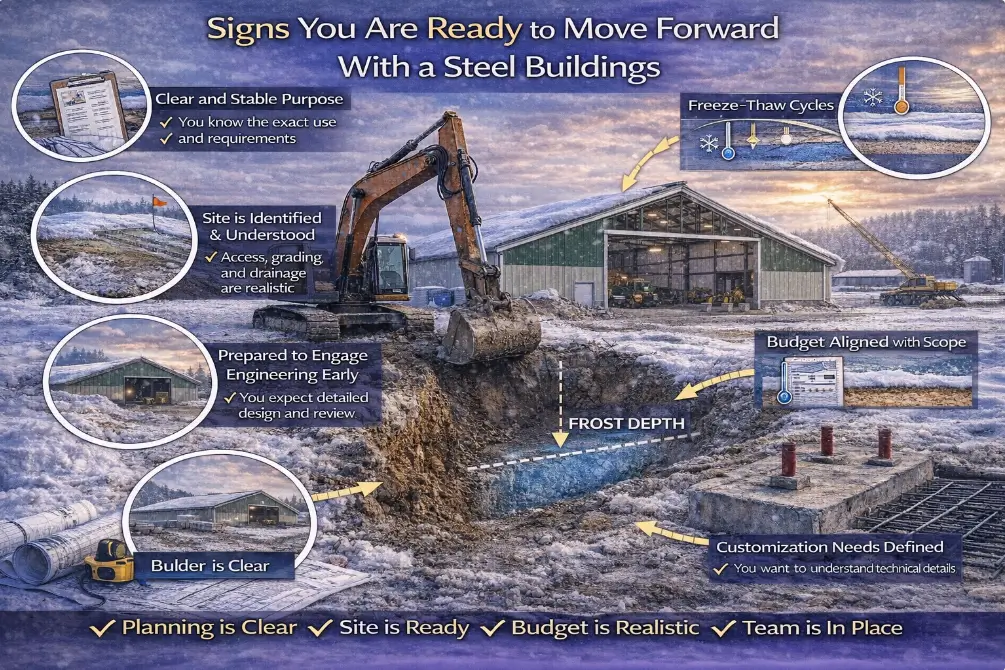 Steel building excavation showing frost depth, foundation preparation, and project planning indicators for readiness in Canada