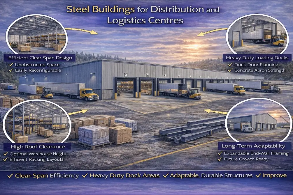 Clear-span steel building designed for a distribution and logistics centre with loading docks and high-bay warehouse space in Canada